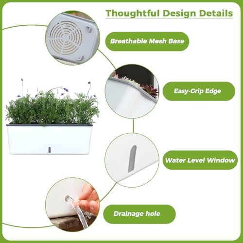 2 Pack Rectangular Planter 17 x 4.5 in Self Watering Planter Window Sill Planters Indoor Rectangle Planter Self Watering Pots Plastic Plant pots with Drainage Holes White Flower Pot Indoor - Image 5