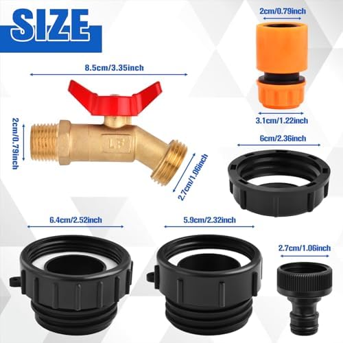 275-330 Gallon IBC Tote Water Tank Fitting, 3-Size IBC Tote Adapter 2.44" Fine, 2 "Fine & 2" Coarse Thread, 1/2" NPT to 3/4" GHT No-Lead Brass Hose Faucet Shut-off Valve Garden Hose Connector - Image 2