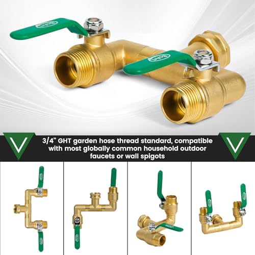 2 Way Heavy Duty Brass Garden Hose Splitter, 360° Rotatable Y Valve, Full Flow Large Ball Valve, Long Handle, Thickened Solid Brass, 3/4" GHT Thread for Outdoor Faucet, Lawn Irrigation, Car Wash - Image 4