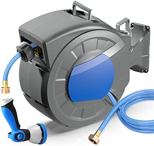 REDUCTUS Retractable Garden Hose Reel Wall Mount 1/2" x 100 ft + 6.5 ft Water Hose Reel for Outside with 10 Pattern Nozzle, Automatic Slow Rewind System/Lock Any Length/180°Swivel by MasterofGardenTools