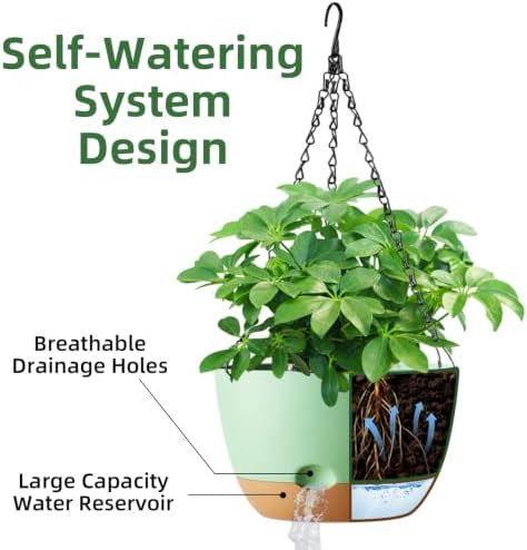 Hanging Planters, 3 Pack, Self-Watering, 10 Inch, Green - Image 2