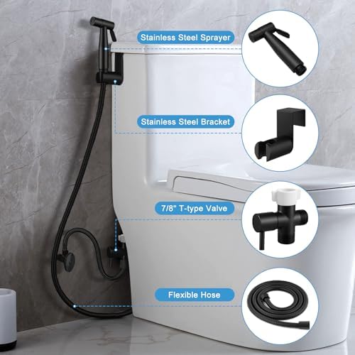 Handheld Toilet Bidet Sprayer 2 Pack, Water Pressure Adjustable Sprayer with Hose and 7/8 "T-Valve, Jet Spray and Soft Spray, for Toilet, Bidet, Shower etc., Stainless Steel, Black - Image 7