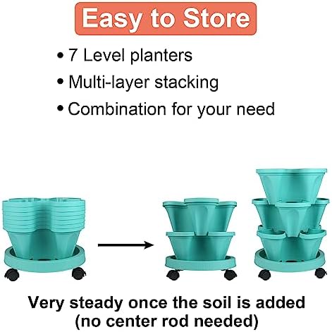 DUNCHATY Stackable Planter, Vertical Garden Planter with Wheels and Tools, Self Watering Strawberry Planter Indoor/Outdoor 7 Tier Herb Planter Pots for Growing Vegetables and Succulents, Teal - Image 6