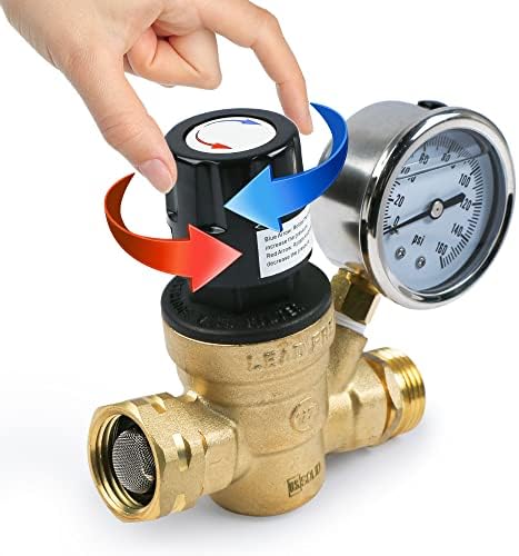 U.S. Solid 3/4 in GHT RV Water Pressure Regulator, Handwheel-Adjustable Lead-Free Brass Valve with 0-160 psi Gauge and Inlet Filter, for RV Camper Trailer and Garden Hose by USSolid