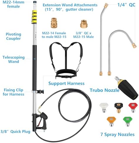 24 FT Telescoping Pressure Washer Wand Extension, Aluminum Power Washer Extension Wand with Turbo Nozzle, 5 Nozzle Tips, 2 Adapters, Harness, Gutter Cleaning Tools from The Ground - Image 2