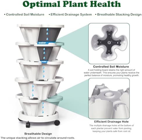 Strawberry Planters, 7 Tiered Vertical Stackable Planter, Herb Stacking Tower Garden, Flower Vegetable Planters with Support Pole, Indoor & Outdoor with Removable Wheels - White - Image 4