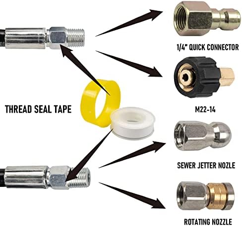 Hourleey Sewer Jetter Kit for Pressure Washer 50FT, Drain Cleaner Hose 1/4 Inch NPT, Orifice 4.0 Button Nose and Rotating Sewer Jetting Nozzle Spanner Tape Pearl Corsage Pin, 4000 PSI - Image 4