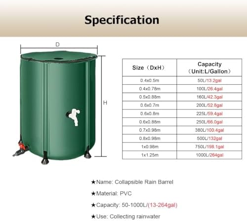 13.2-264 gal Collapsible Rain Barrel, Portable Water Storage Tank, Rainwater Collection System Downspout, Water Catcher Container with Filter Spigot Overflow Kit(Green,0.5x0.88m/160L/42.3gal) - Image 2