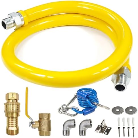 Safety System Kit, 3/4 In ID 48" Gas Hose Connector Kit with Elbows Quick Disconnect Gas Line Hose Full Port Gas Valve Restraining Device and Swivel Connector for Commercial by Kinchoix