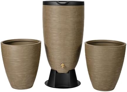 Newport 50‑Gallon Flat‑Back Rain Barrel with Stand & Planter Bundle – Sandstone | Removable Lid, UV-Stabilized Outdoor Water Storage by RTSCompaniesInc