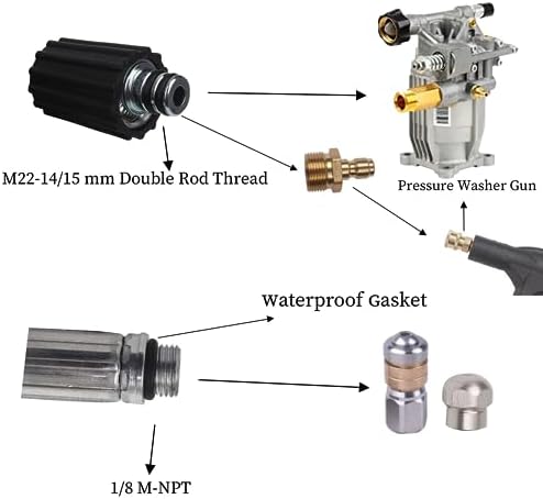 100FT 5800 PSI Pressure Washer Hose Jetter Nozzles Kit 1/8”NPT Sewer Drain Rotating Quick Connect Nozzle Button Nose With M22-14/15mm Double Rod Thread Brass Replacement - Image 3
