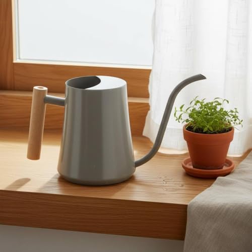 Watering Can Long Spout Indoor Plant Waterer Gooseneck Pot Stainless Steel Construction Wooden Grip Semi Enclosed Lid Suitable for Indoor pots Balcony Rails Office cubicles - Image 4