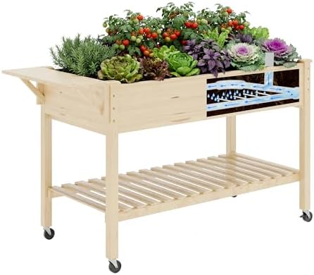 Raised Garden Bed with Legs and Wheels, Self-Watering System, 48x24x30in Elevated Planter Box with Storage Shelf & Liner for Flowers Vegetables Herbs, Raised Bed for Outdoor/Balcony/Patio by Cakhdry