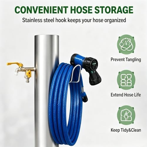 Stainless Steel Outdoor Water Column with Double Faucet, Freestanding Garden Water Column for Hose Connection, Outdoor Vertical Garden Water Column with Hose Holder for Patio, Irrigation - Image 5