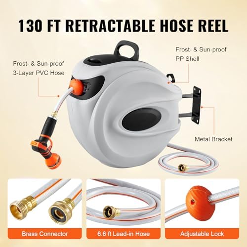 Happybuy Retractable Hose Reel - 130 ft x 1/2 inch Garden Water Hose with 180° Swivel Bracket, 9-Pattern Nozzle, Automatic Rewind, Lock at Any Length, Slow Return System - Image 6