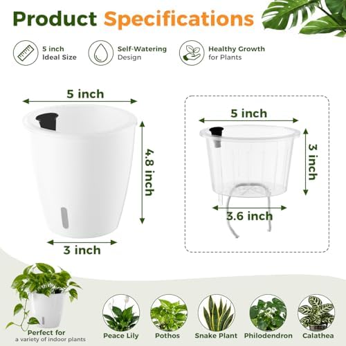 Upgraded Self Watering Pots for Indoor Plants, 12-Pack 5 Inch Top-Fill Self Watering Planter with Water Window, Orchid Pots, Clear Wick Inner Basket with Drainage, White - Image 4