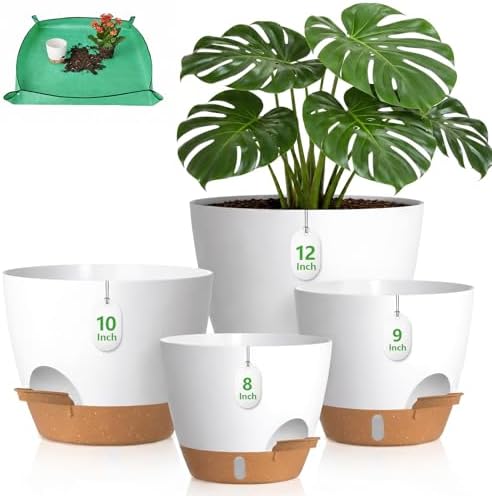 Large Self Watering Pots for Indoor Plants, 12/10/9/8 Inch White by Eptcp