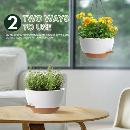 2 Pack 12 Hanging Flower Pots with Chains Self Watering Plastic Planters for Indoor Outdoor Plants, Sturdy Triangular Iron Chain Design for Garden PorchPlastic hanging flower pots (2, White-brown) - Image 6