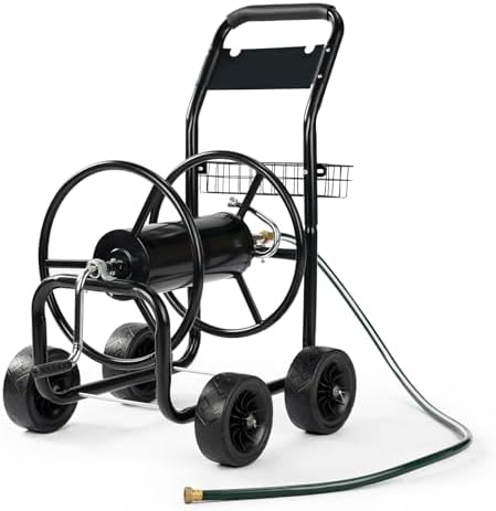 VINGLI 4-Wheel Garden Hose Reel Cart with Storage Basket, Portable Residential Hose Reel Cart, Lawn Watering, for Garden Backyard and Farm by VINGLI