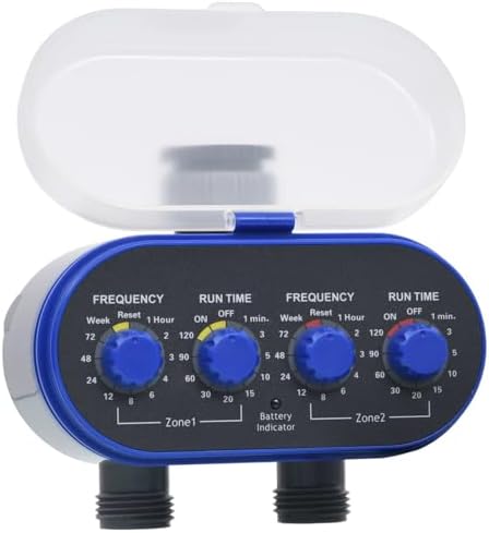 Gecheer Double Outlet Garden Water Timer, Automatic Irrigation Controller with 2 Ball Valves for Plants Lawn, Waterproof ABS Dial Timer for Hose Faucet, Battery Operated, Blue and Gray - Image 2