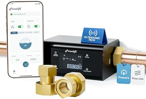 Frizzlife LP365-P Smart Water Monitor and Automatic Shutoff - 0.01 GPM Ultrasonic Micro Leak Detection, Wi-Fi / APP Control, Pressure+Flow Monitoring, 24/7 Water Usage Reports, Fits 1.25" and 1" by FRIZZLIFE