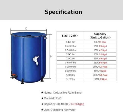 Portable Collapsible Rain Barrel, 13-264 Gal Water Storage Tank Catcher Container with Filter Spigot to Collect Rainwater from Gutter, Rainwater Collection System(Blue,0.6x0.7m/200L/52.8gal) - Image 2