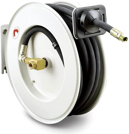 ReelWorks Oil Hose Reel Retractable 1/2" Inch x 50' Foot Long Premium Commercial SAE100R1AT Hose Max 2320 Psi Spring Driven Steel Construction Heavy Duty Industrial Single Arm and L-Shape Base by ReelWorks