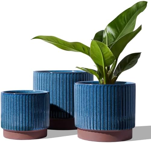 LE TAUCI Ceramic Pots for Plants, 8+6.7+5.5 Inch Plant Pots Indoor, Flower Pot with Drainage Holes, Medium Cylinder Planters for Indoor House Plants, Set of 3, Blue by LETAUCI