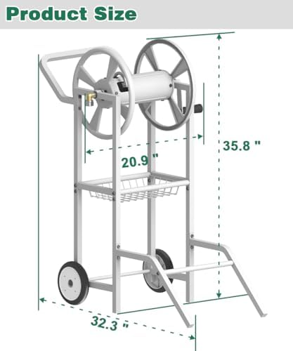 Artigarden Hose Reel Cart with 2 Wheels, Garden Water Hose Holder Heavy Duty Powder Coated Steel Outdoor Winder Storage Holds 125 ft 5/8" Hoses with Basket and 3.9ft Leader Hose for Backyard, White - Image 5
