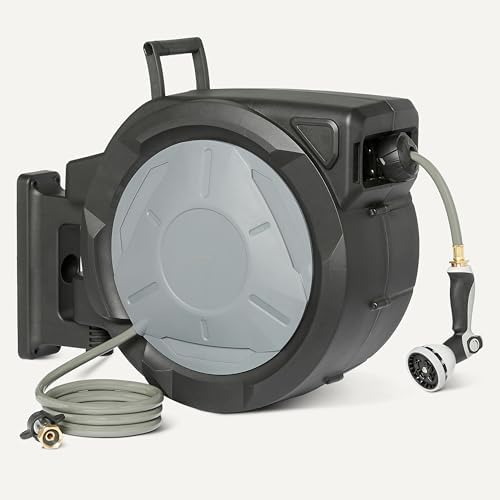 Amazon Basics Retractable Garden Hose Reel, 130 Foot, Wall Mounted, 10-Pattern Spray Nozzle, 180° Swivel Bracket - Image 5