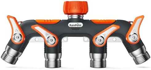 RAINPOINT 4 Way Garden Hose Splitter, 100% Metal Heavy Duty Water Hose Splitter with Individual Shut-Off Valves, 3/4" GHT High Flow Outdoor Faucet Splitter, 1.81" Extra Long Handle (Orange) by RainPoint