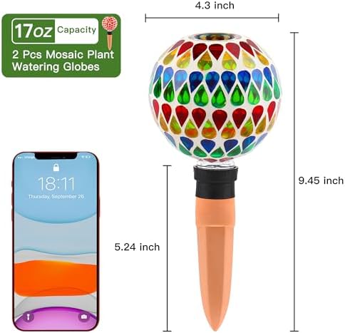 SAVENNA Mosaic Plant Watering Globes with Terracotta Spikes, 17oz Glass Self Watering Globes for Indoor & Outdoor Potted Plants, Decorative Water Drippers, Set of 2 - Image 5
