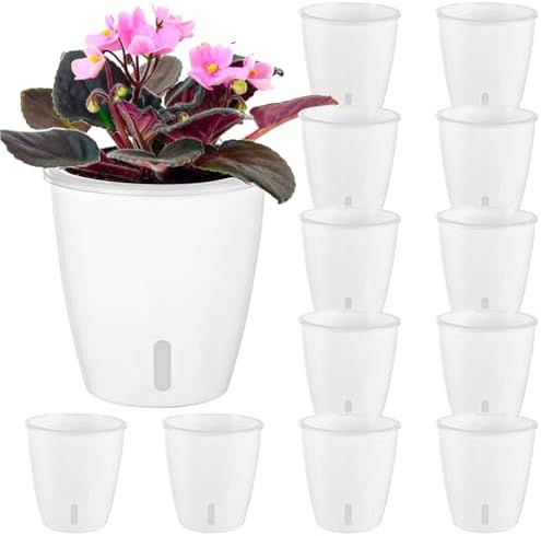 Self-Watering Pots for Indoor Plants, 12-Pack 5'' Self Watering Planter with Drainage Holes, Small African Violet Pots with Water Indicator, Clear Wick Pot, White by KvyusFlourish