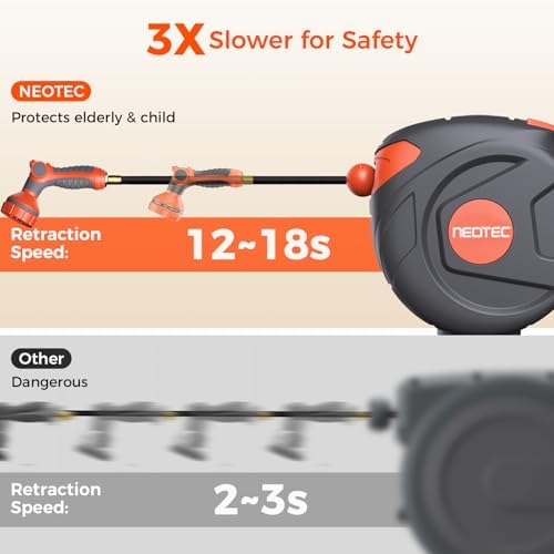1/2" x 50ft Retractable Garden Hose Reel, Wall Mounted with Any Length Lock, 9 Pattern Nozzle, Automatic Slow Return, 180° Swivel, UV Resistant Heavy Duty Hose Reel for Outdoor Use - Image 6