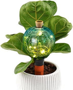 SAVENNA Crackle Glass Plant Watering Globe with Terracotta Spike,Self-Watering Irrigation for Potted Plants, with Solar Accent Light for Indoor & Outdoor Décor, 17oz, Blue–Green Gradient by SAVENNA