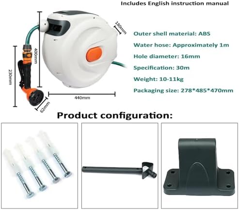 Automatic Retractable Hose Reel, Wall Mounted Garden Hose Reel with 6 Pattern Spraying Modes, 180° Swivel Bracket, Slow Retraction for Car Washing and Yard Cleaning - Image 5