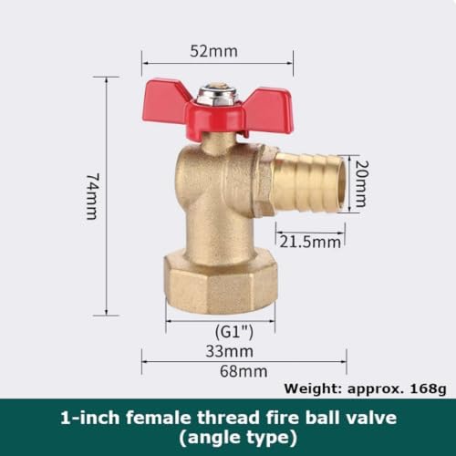 Heavy-Wall Brass Angle Ball Valve for Fire Hose Reels, 1” Male/Female Thread with Barbed Outlet, High-Flow(Internal Thread) - Image 2