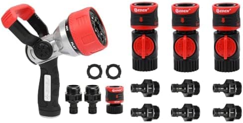 Eden 96806 Heavy Duty Metal Garden Hose Spray Nozzle Quick Connect Starter Set with Eden 93218 Premium Garden Connect Shutoff Valve Quick Release Kit Hose Fittings and Adapters by Unknown