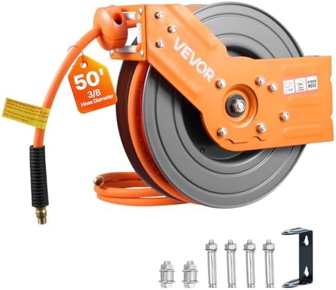 VEVOR Retractable Air Hose Reel, 3/8 Inch x 50 FT Hybrid Air Hose Max 300PSI, Auto Rewind Air-Compressor Hoses Reel with 5 ft Lead in, 180° Swivel Ceiling/Wall Mount for Garage Workshops by VEVOR
