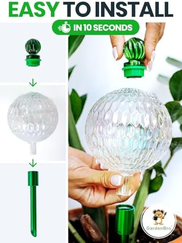 16 Oz 3 pcs Plant Watering Globes for Indoor Plants with Metal Self Watering Planter Insert - Premium XL Glass Hand-Blown Globes - Automatic Plant Waterer Indoor [Golden, Green & Crystal] - Image 4