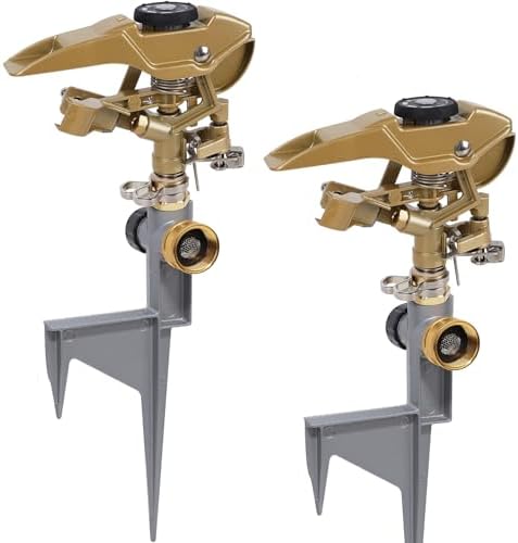 Biswing 2 Pack Impact Sprinklers on Metal Step Spike, Heavy Duty Zinc Alloy Lawn Sprinkler Head on Spike Base, Adjustable 360 Degree Watering Sprinkler for Large Area Grass Garden Irrigation by Biswing