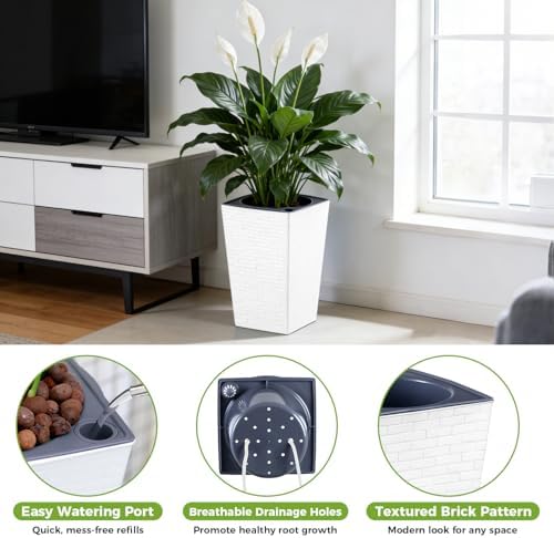 Self Watering Pots for Indoor Plants, 2 Pack Flower Pots Self Watering Planter 10.7" x 6.9" Plastic Pots African Violet Wick and Grow Pots Tall Orchid pots Square Large Plant Pots, White - Image 5