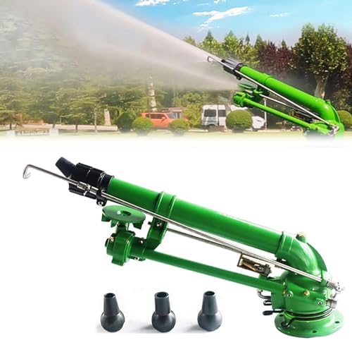 McbeAn Lawn Sprinkler Gun, Heavy-Duty Metal Pulse Sprinkler, with 18mm/20mm/22mm Replacement Nozzle, Range Diameter 40-100 Meters, Working Pressure Adjustable 4-8bar, for Outdoor Use by Unknown