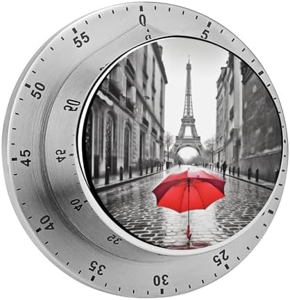 Mechanical Kitchen Timers for Cooking,Eiffel Tower Red Umbrella Printed 60 Minute Magnetic Countdown Timer,Cute Cooking Timers with Alarm,Stainless Steel Time Timer Manual No Batteries Required by Unknown
