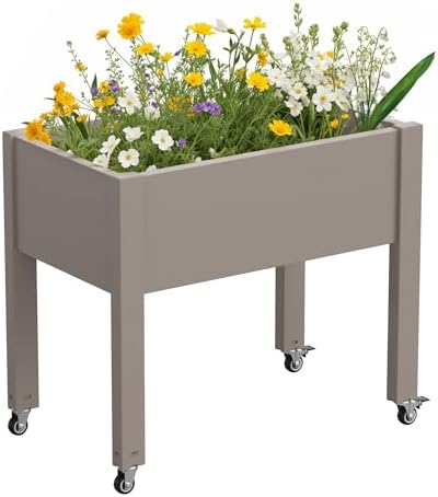 Elevated 26.3" Tall Raised Garden Bed with Wheels - Outdoor Mobile Resin Planter Box with Drainage Holes for Vegetables Flower Herbs, Weather Resistant, Gray (26.3" h) by WTFGO