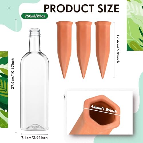 Ziliny 6 Sets Plant Watering Devices 6 Pcs Self Watering Spikes 6 Pcs 25 oz Plastic Bottles Slow Release Automatic Waterer Empty Liquor Bottles Terracotta Spikes for Vacation Plant (Ceramic Color) - Image 2