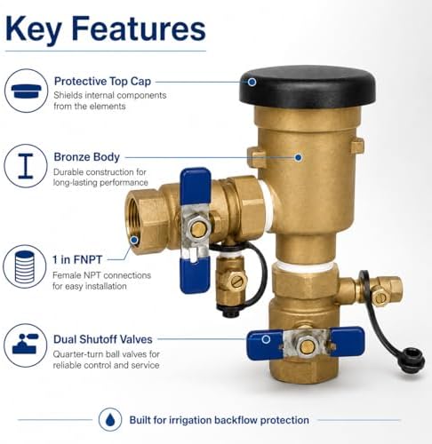 1" Pressure Vacuum Breaker Assembly – Bronze Body, Dual Shutoff Valves, Protective Top Cap, 1 in FNPT, Integrated Test Cocks – Durable Backflow Preventer for Irrigation & Lawn Systems - Image 2