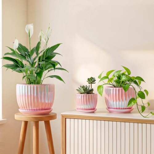 Pink Plant Pots，Ceramic Planters with Drainage Holes and Saucers Set of 3 - Image 6