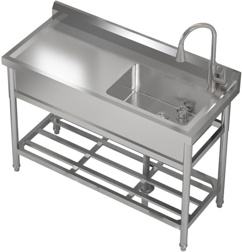 47"x37"x42.5" Stainless Steel Utility Sink, Freestanding Single Bowl with Hot & Cold Water Faucet, Commercial Kitchen Laundry Bathroom Garage Garden Sink by Unknown