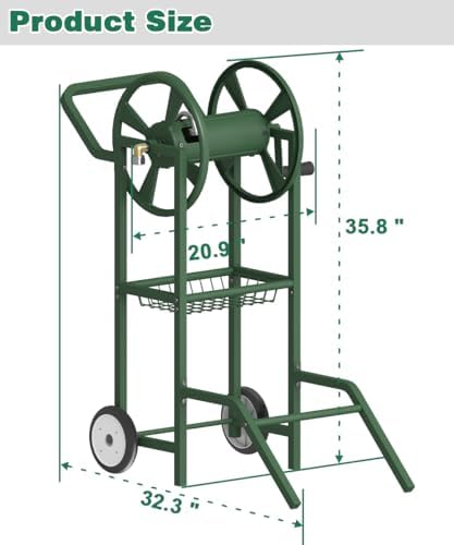 Artigarden Hose Reel Cart with 2 Wheels, Garden Water Hose Holder Heavy Duty Powder Coated Steel Outdoor Winder Storage Holds 125 ft 5/8" Hoses with Basket and 3.9ft Leader Hose for Backyard, Green - Image 5